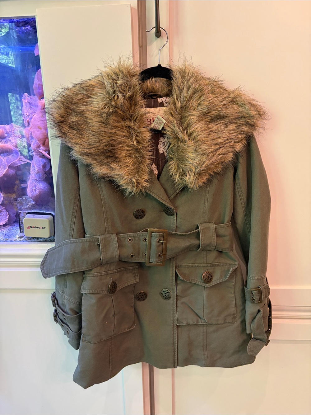BKE Olive Green Trench Coat with Faux Fur Collar